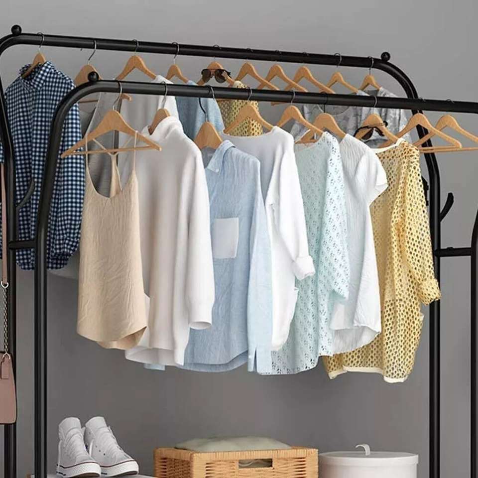 Dual Pole Metal Clothes Stand With Shoe Tiers, Standing Wardrobe Clothes Rack, Floor Stand Drying Rack